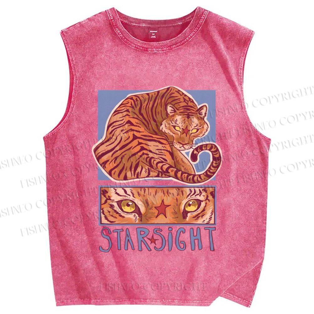 Unisex Star Sight Tiger Printed Washed Tank Top