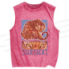 Unisex Star Sight Tiger Printed Washed Tank Top