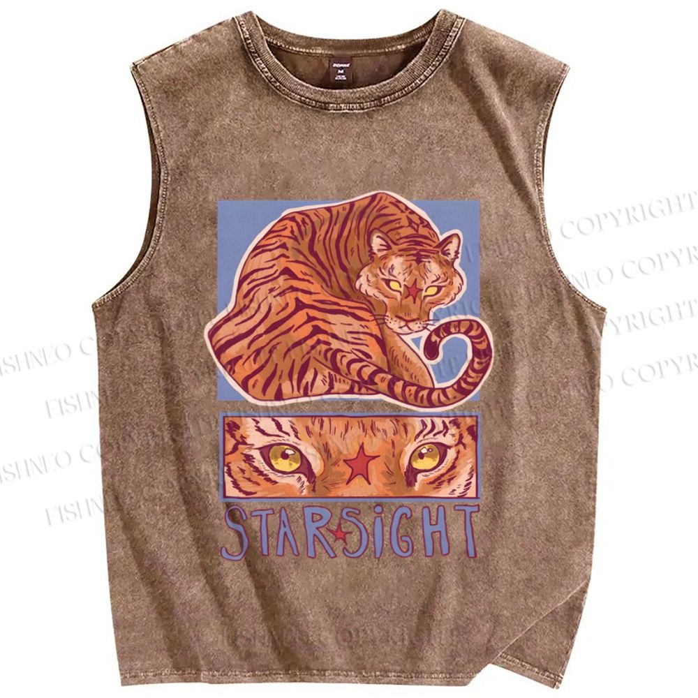 Unisex Star Sight Tiger Printed Washed Tank Top