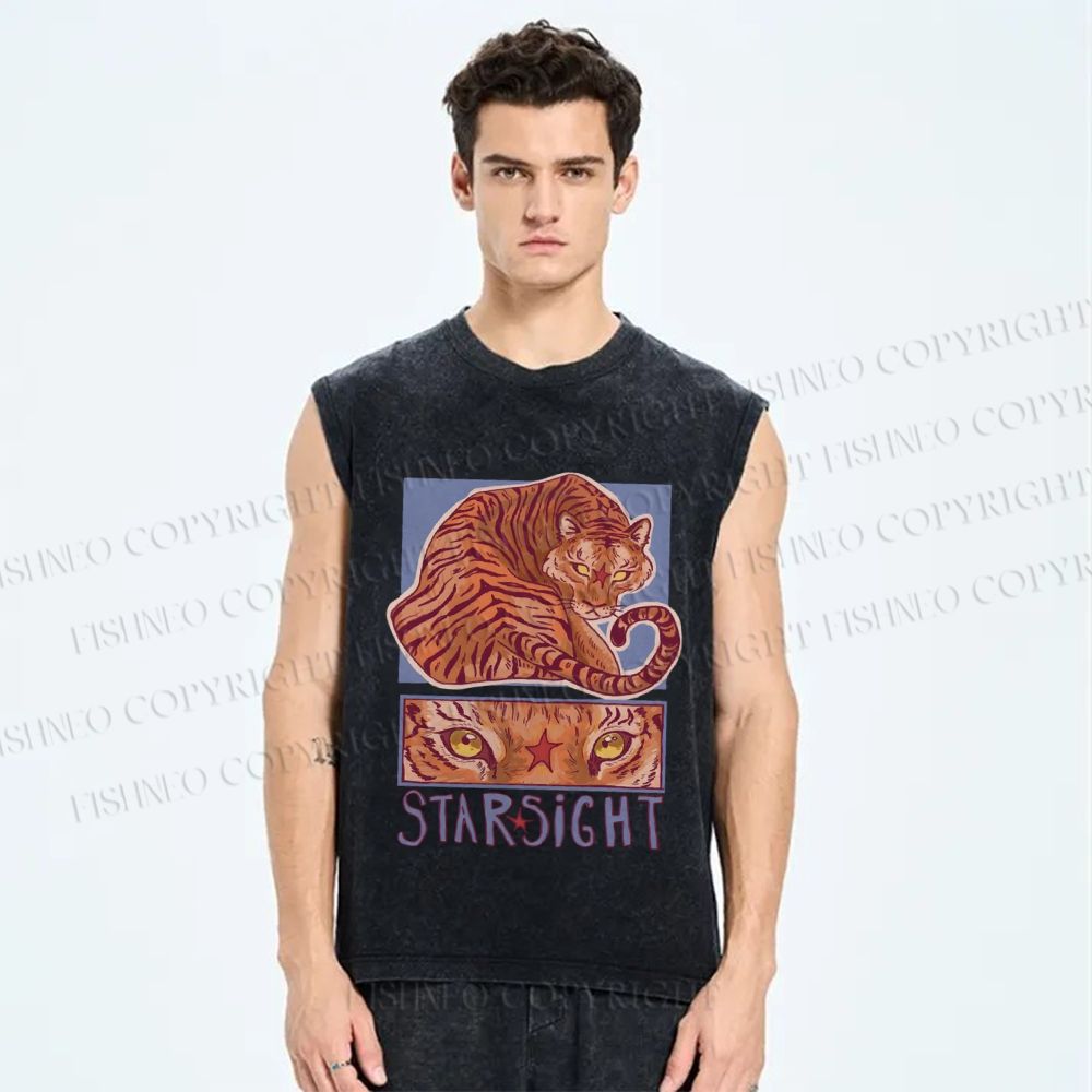 Unisex Star Sight Tiger Printed Washed Tank Top