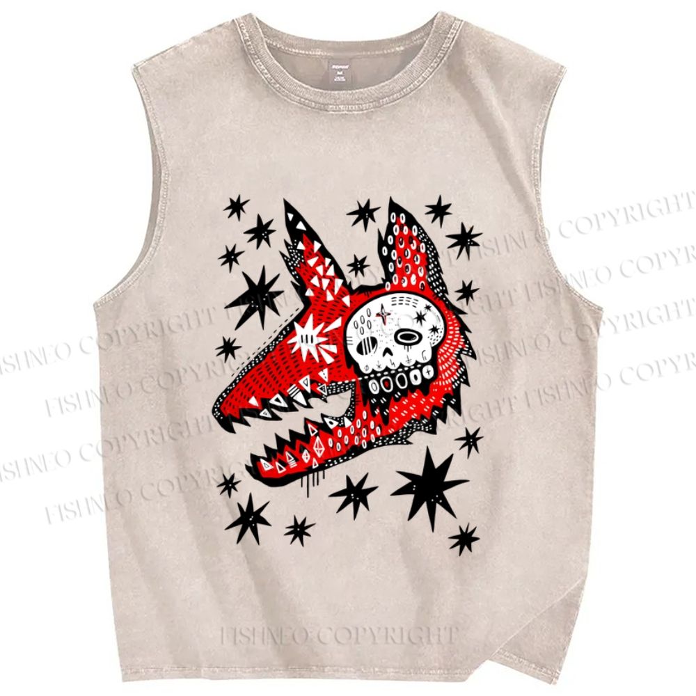 Unisex Punk Skull Wolf Printed Washed Tank Top
