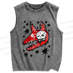 Unisex Punk Skull Wolf Printed Washed Tank Top
