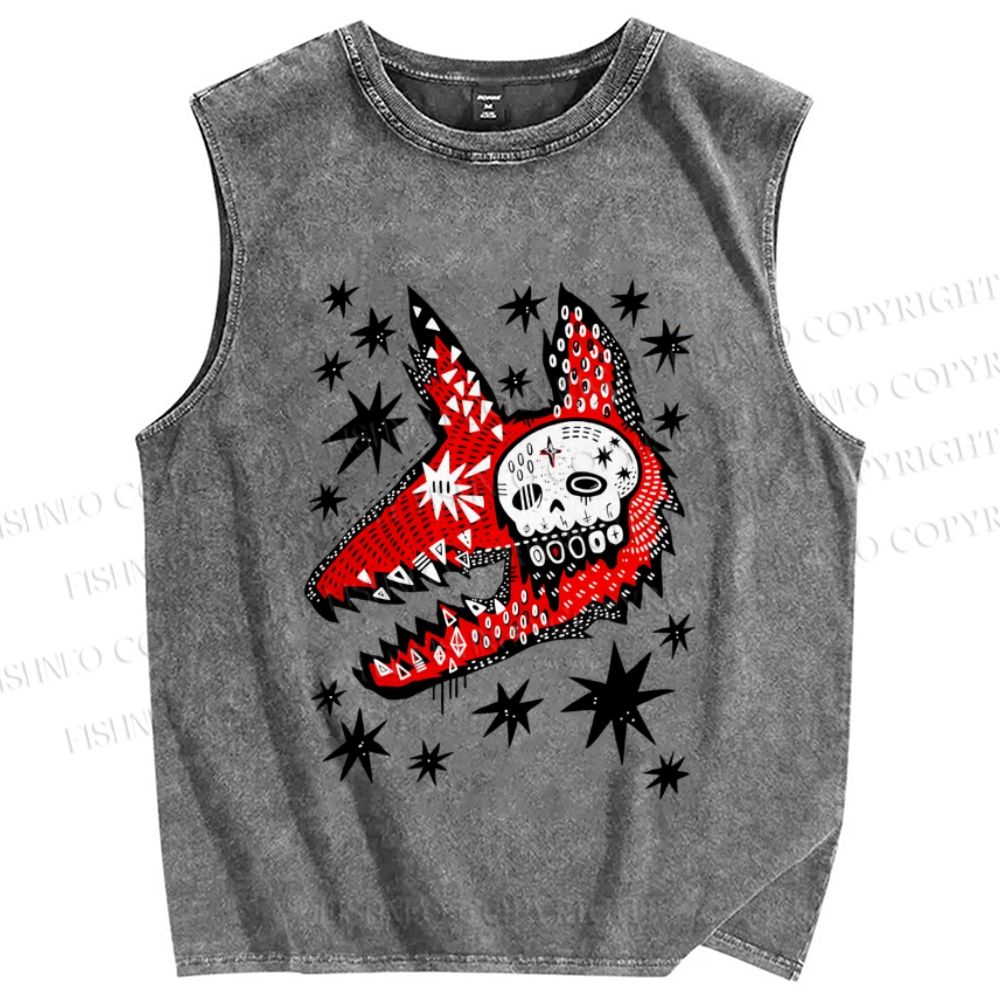 Unisex Punk Skull Wolf Printed Washed Tank Top