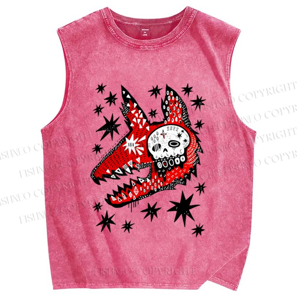 Unisex Punk Skull Wolf Printed Washed Tank Top