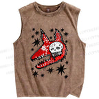 Unisex Punk Skull Wolf Printed Washed Tank Top