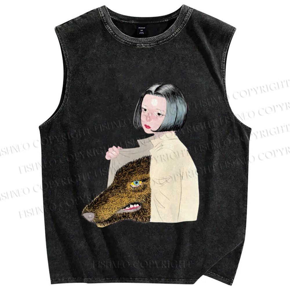 Unisex Girl Got a Wolf inside Printed Washed Tank Top