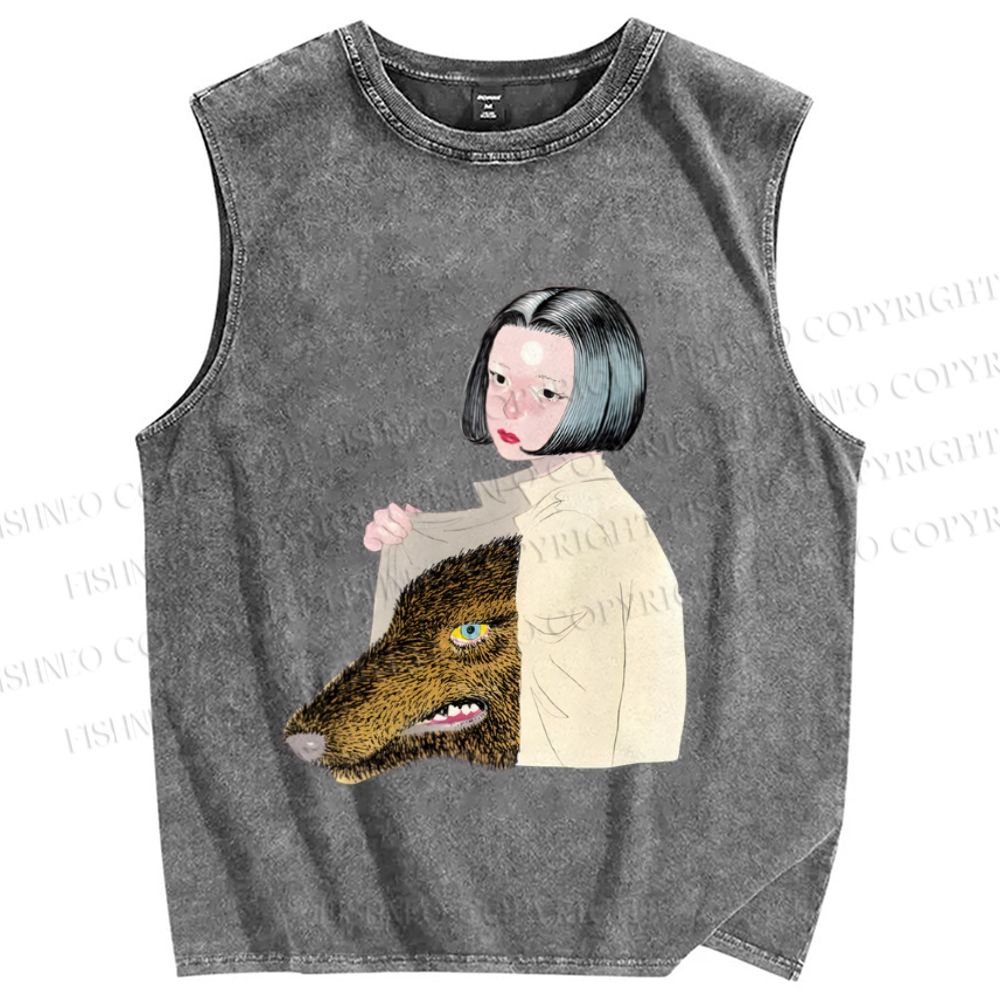 Unisex Girl Got a Wolf inside Printed Washed Tank Top