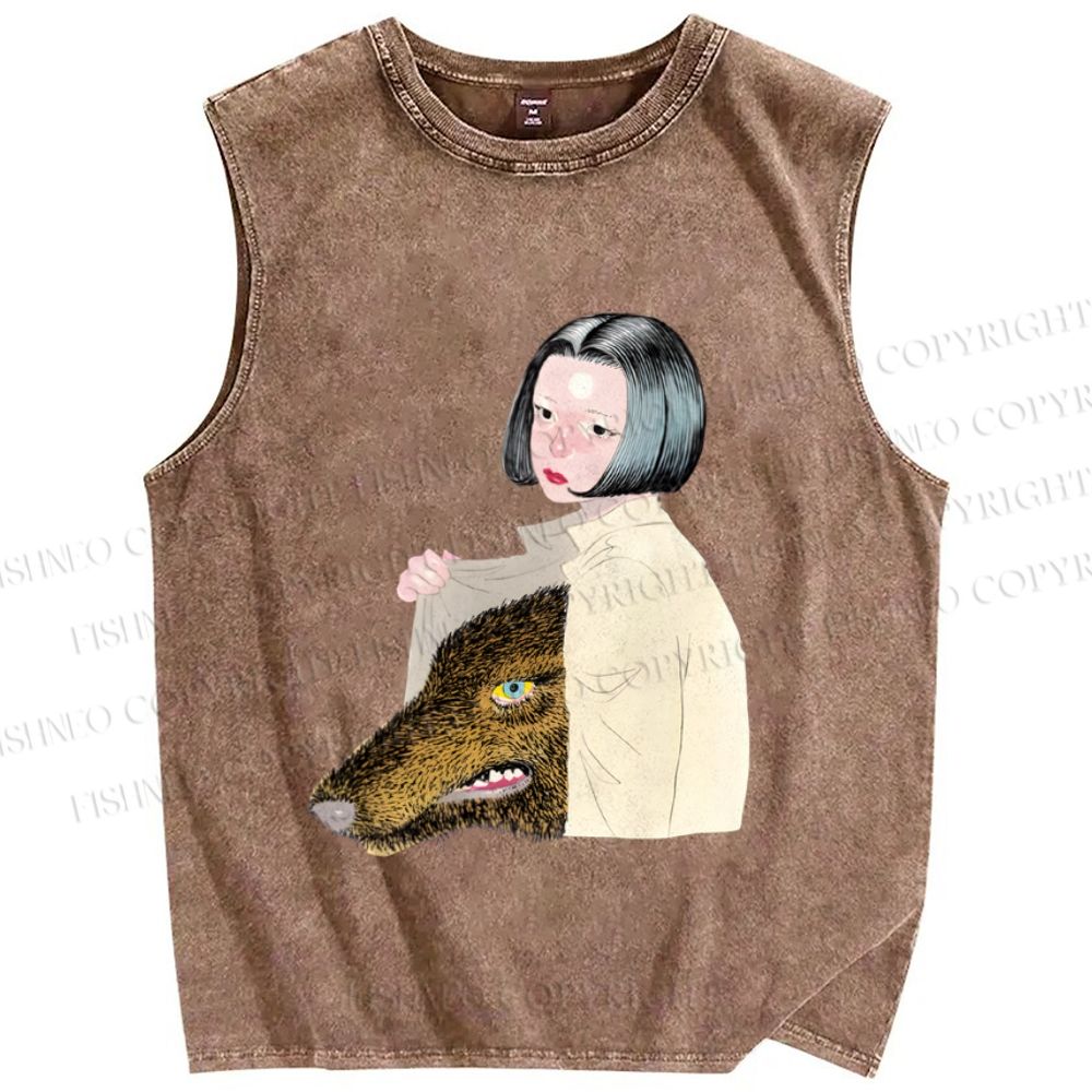 Unisex Girl Got a Wolf inside Printed Washed Tank Top