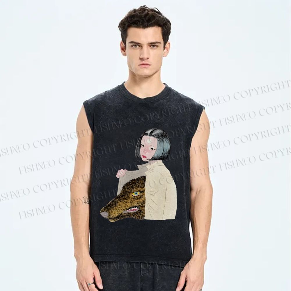 Unisex Girl Got a Wolf inside Printed Washed Tank Top