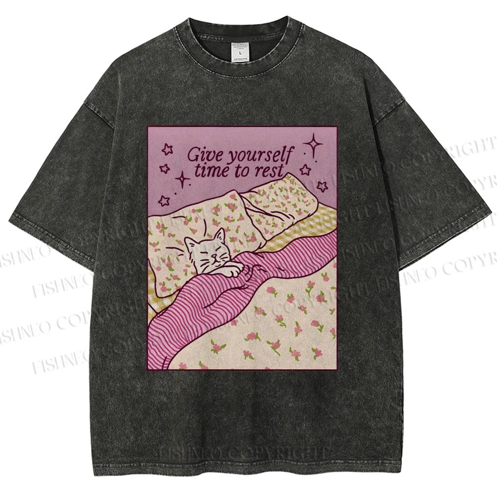Unisex Lazy Cat Give Yourself Time to Rest Printed Washed Tee