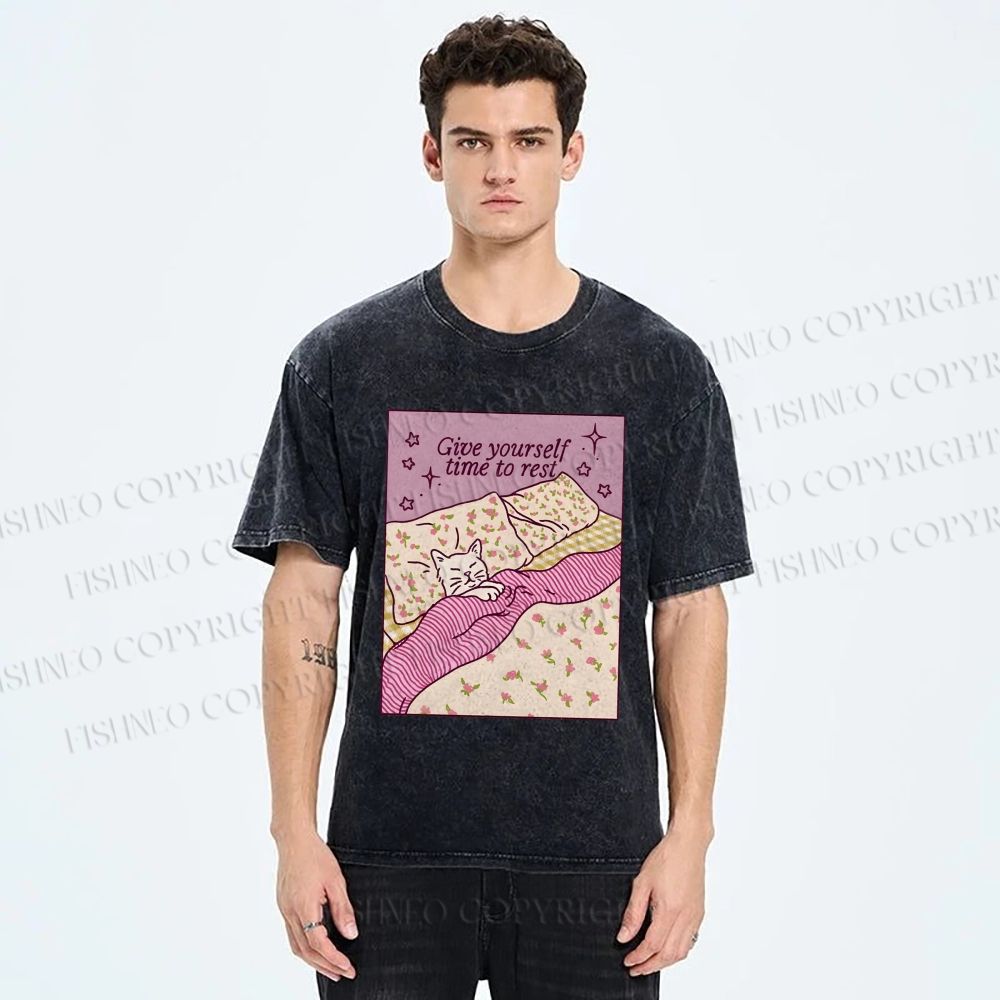 Unisex Lazy Cat Give Yourself Time to Rest Printed Washed Tee