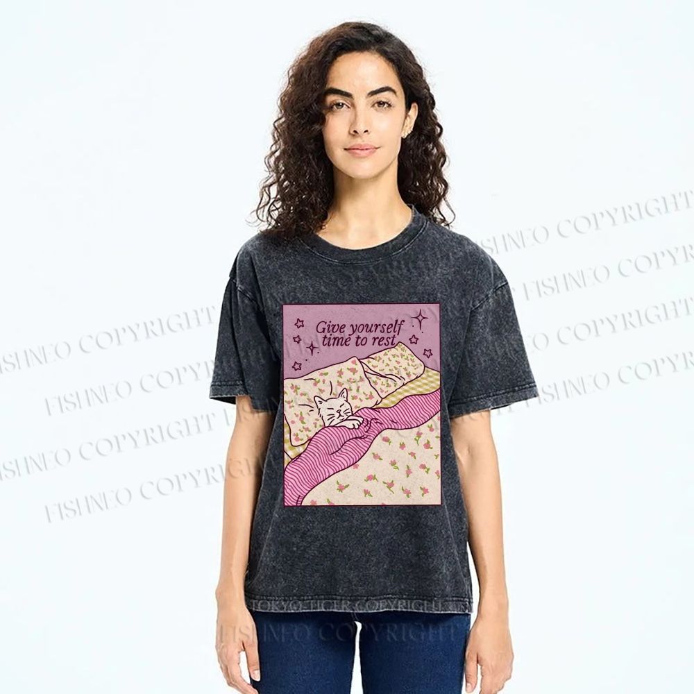 Unisex Lazy Cat Give Yourself Time to Rest Printed Washed Tee
