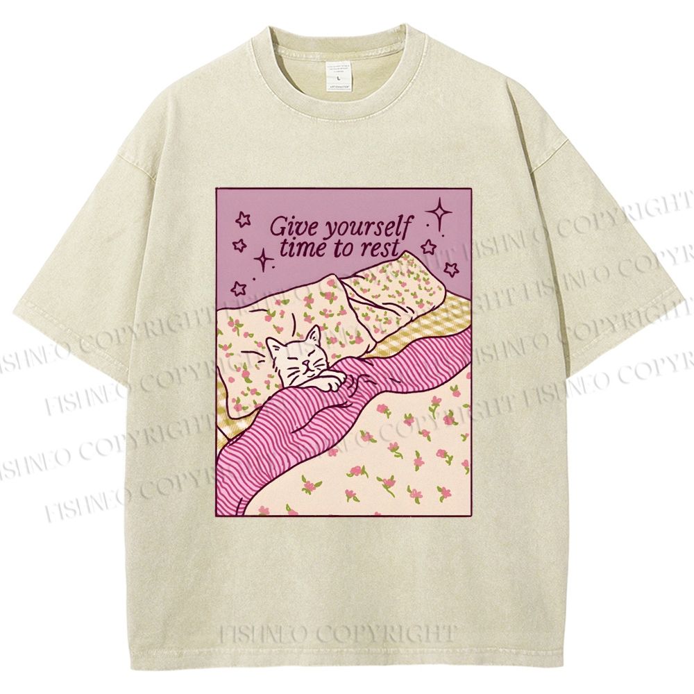 Unisex Lazy Cat Give Yourself Time to Rest Printed Washed Tee