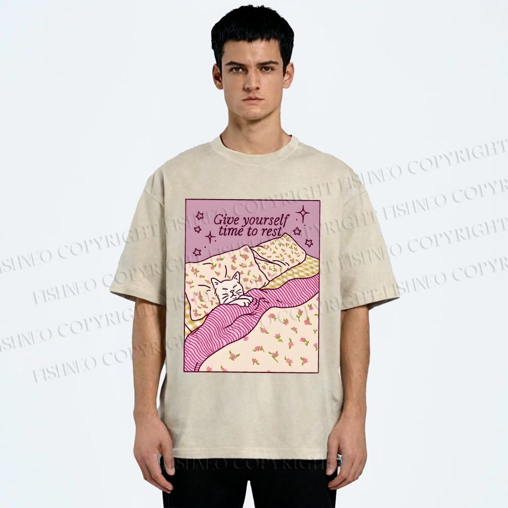 Unisex Lazy Cat Give Yourself Time to Rest Printed Washed Tee
