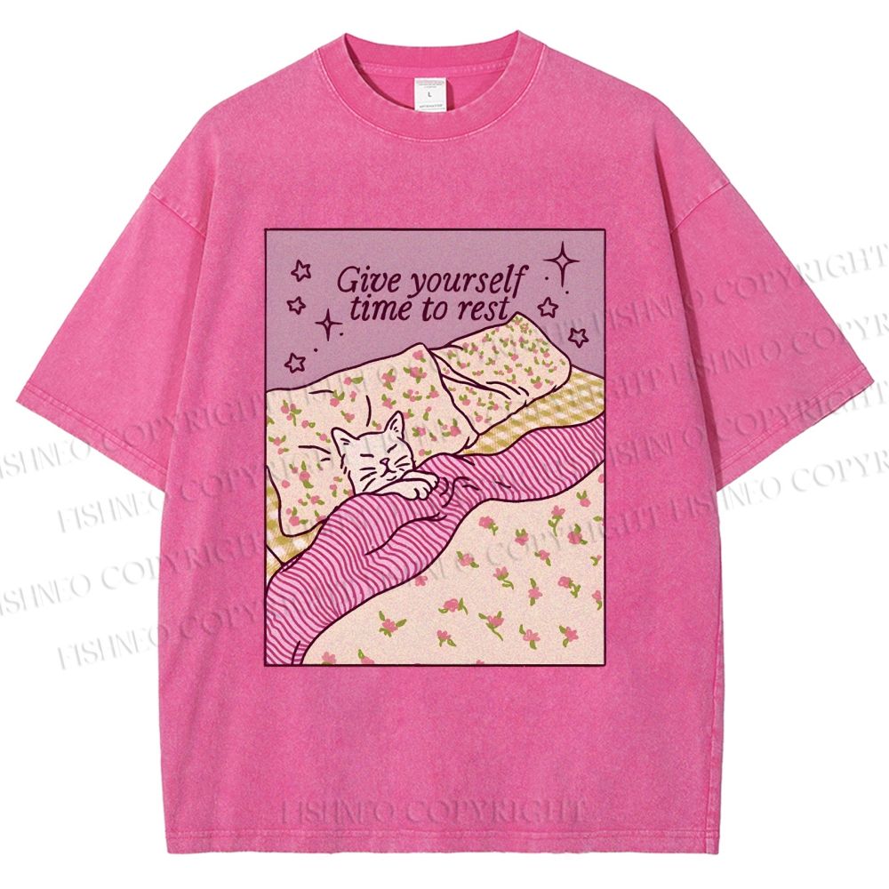 Unisex Lazy Cat Give Yourself Time to Rest Printed Washed Tee