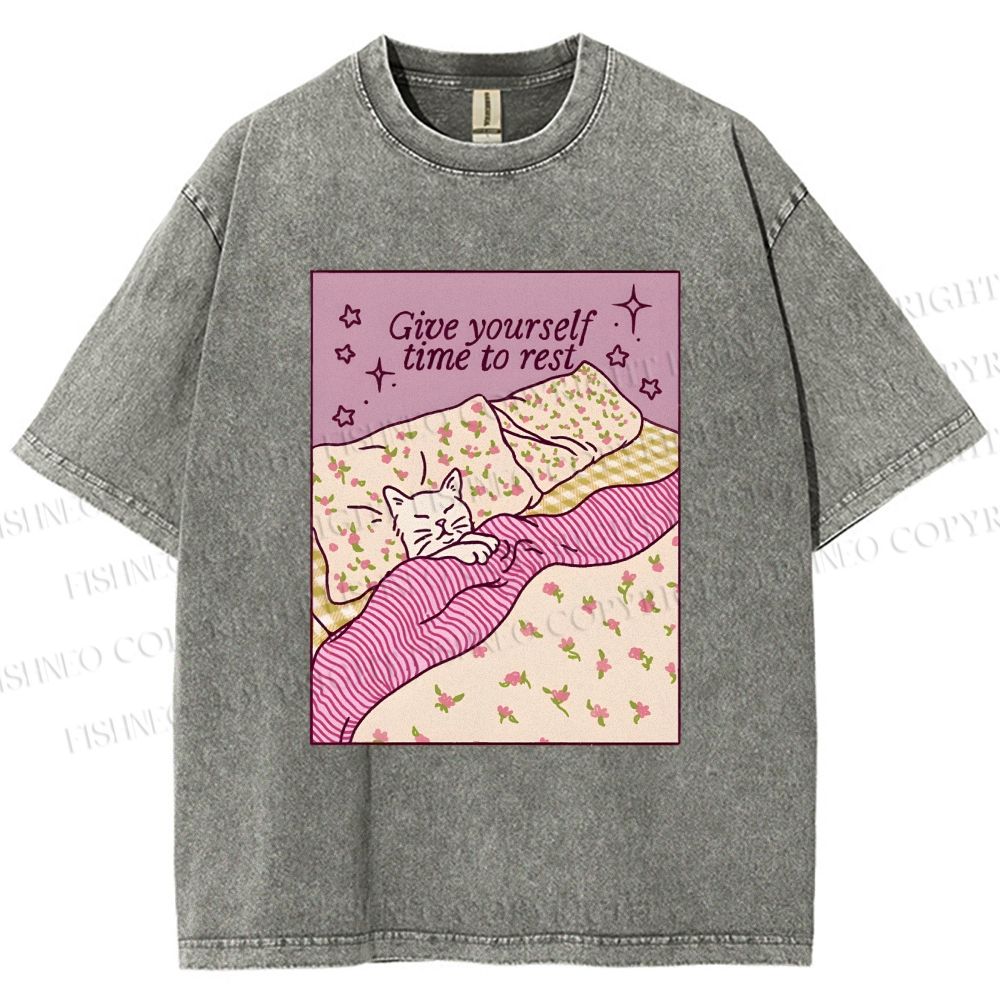 Unisex Lazy Cat Give Yourself Time to Rest Printed Washed Tee