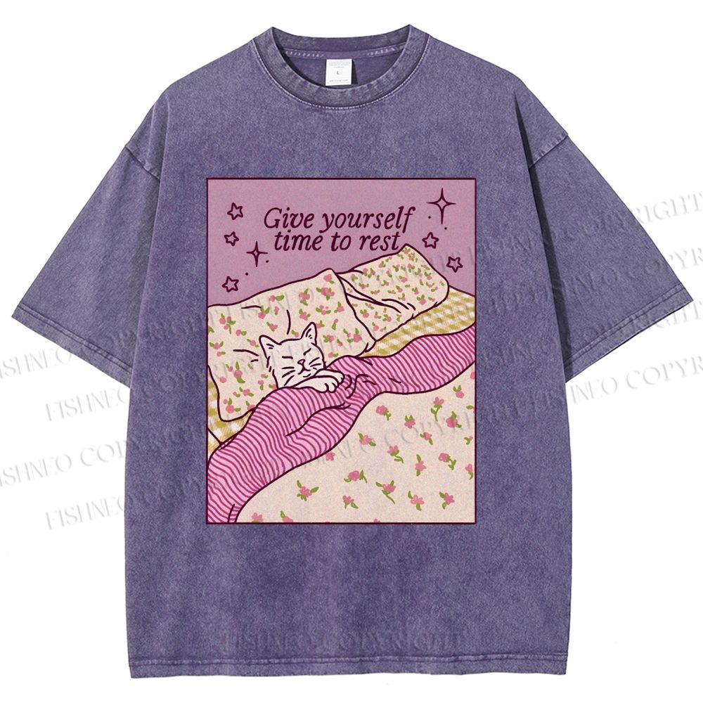 Unisex Lazy Cat Give Yourself Time to Rest Printed Washed Tee