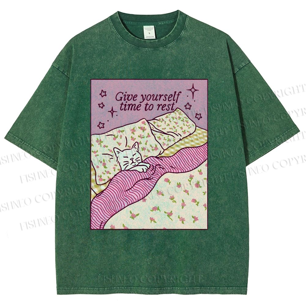 Unisex Lazy Cat Give Yourself Time to Rest Printed Washed Tee