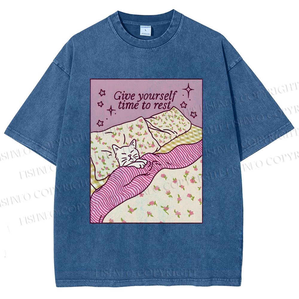 Unisex Lazy Cat Give Yourself Time to Rest Printed Washed Tee