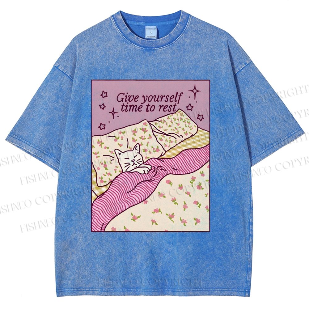 Unisex Lazy Cat Give Yourself Time to Rest Printed Washed Tee