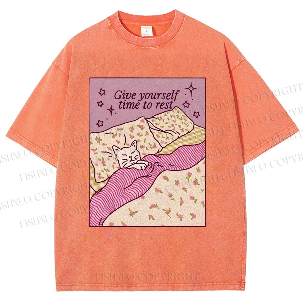 Unisex Lazy Cat Give Yourself Time to Rest Printed Washed Tee