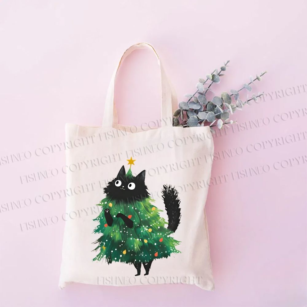 Christmas Tree Cat  Printed Tote Bag