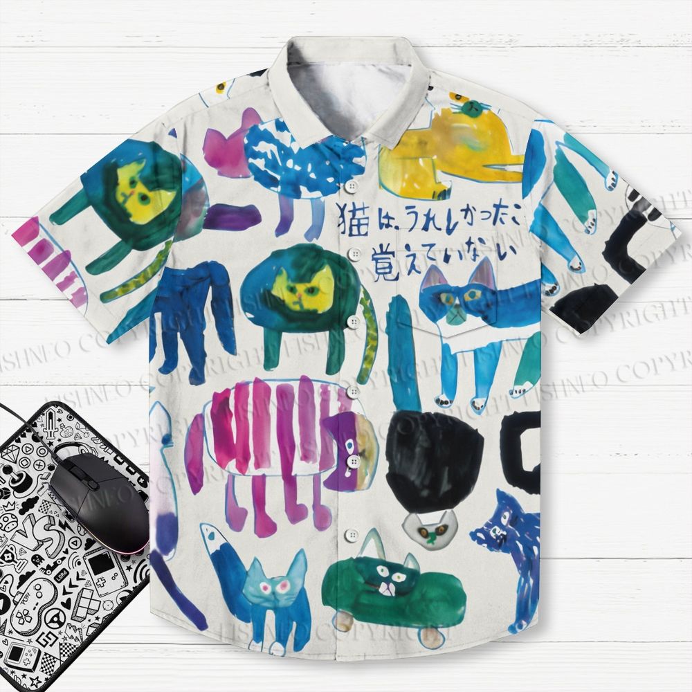Japanese Colorful Cats Printed Men's Short-sleeved Shirts