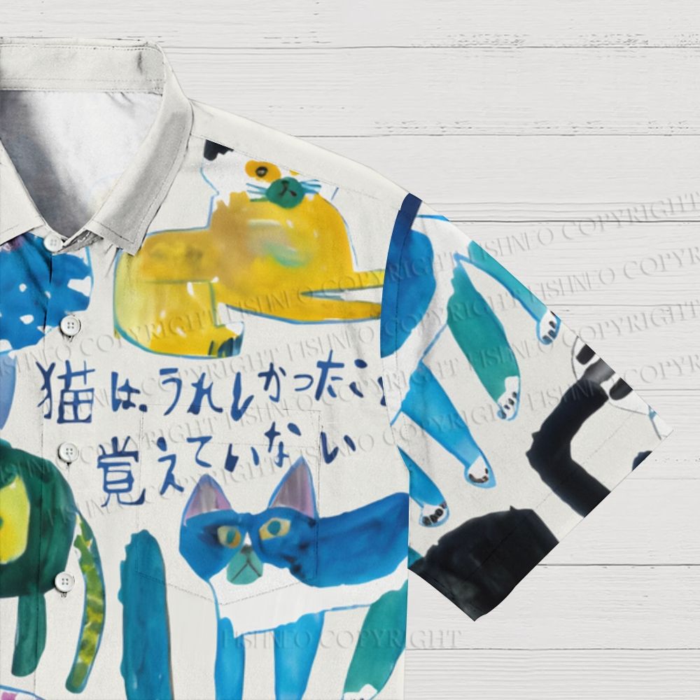 Japanese Colorful Cats Printed Men's Short-sleeved Shirts