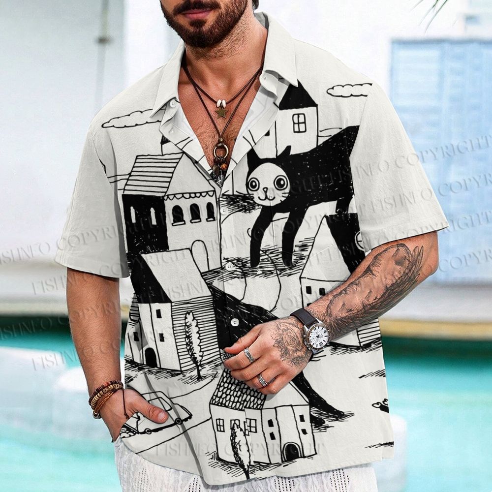 Giant Cat Village Printed Men's Short-sleeved Shirts