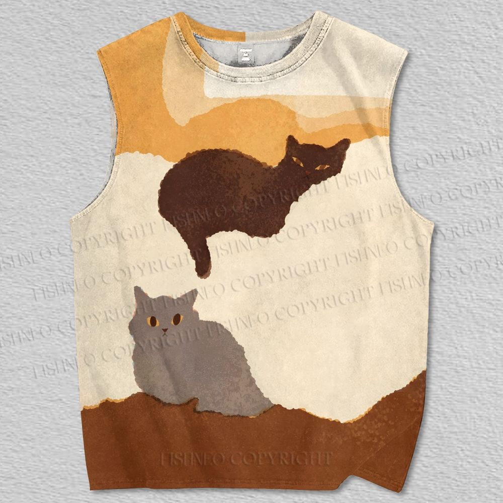 Unisex Illustration Cat Printed Tank Top