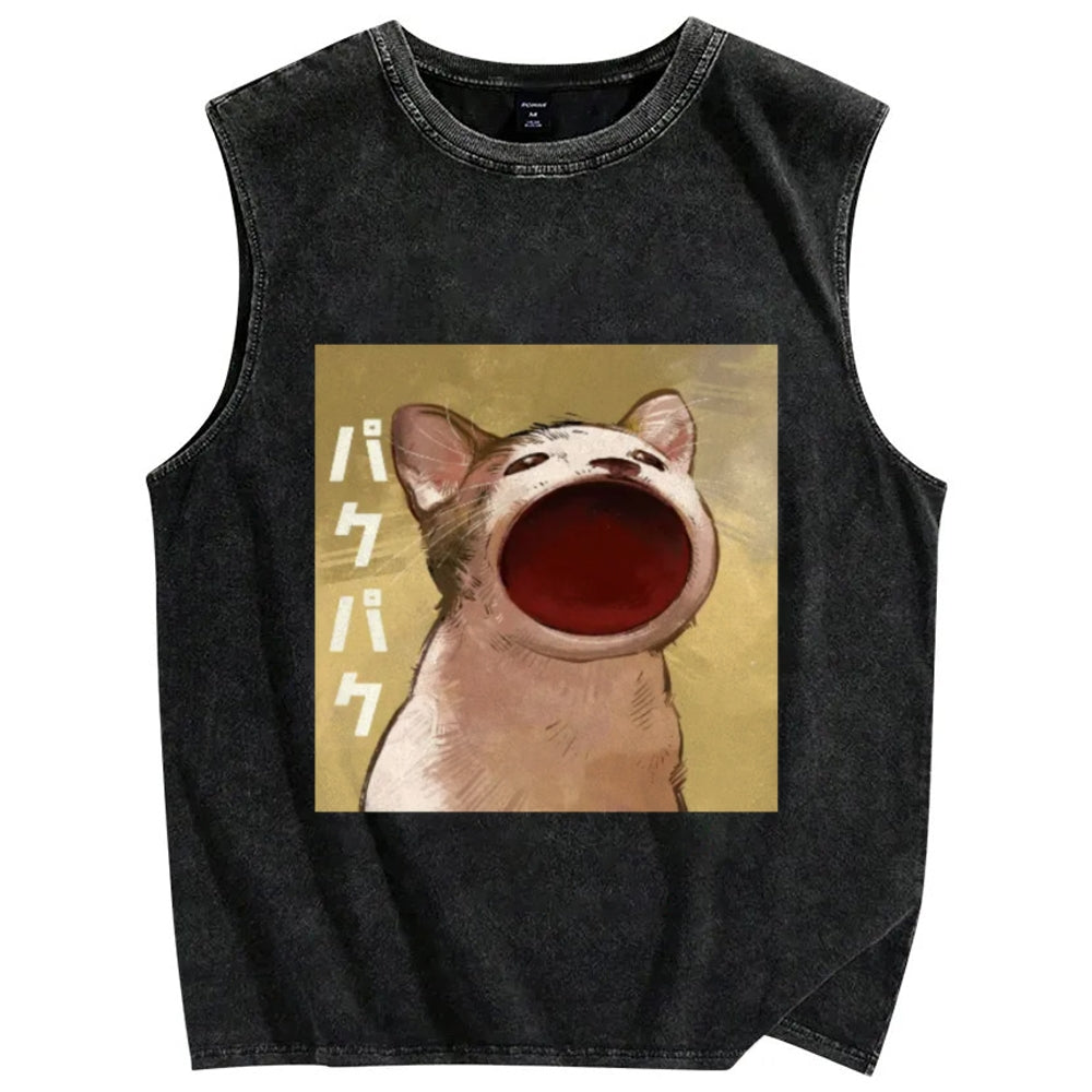 Pop Cat Vintage Distressed Washed Tank Top