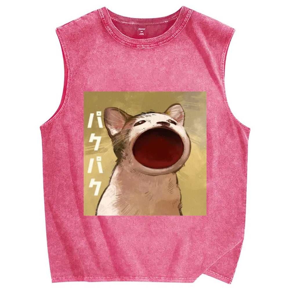 Pop Cat Vintage Distressed Washed Tank Top