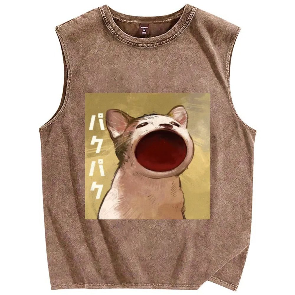 Pop Cat Vintage Distressed Washed Tank Top
