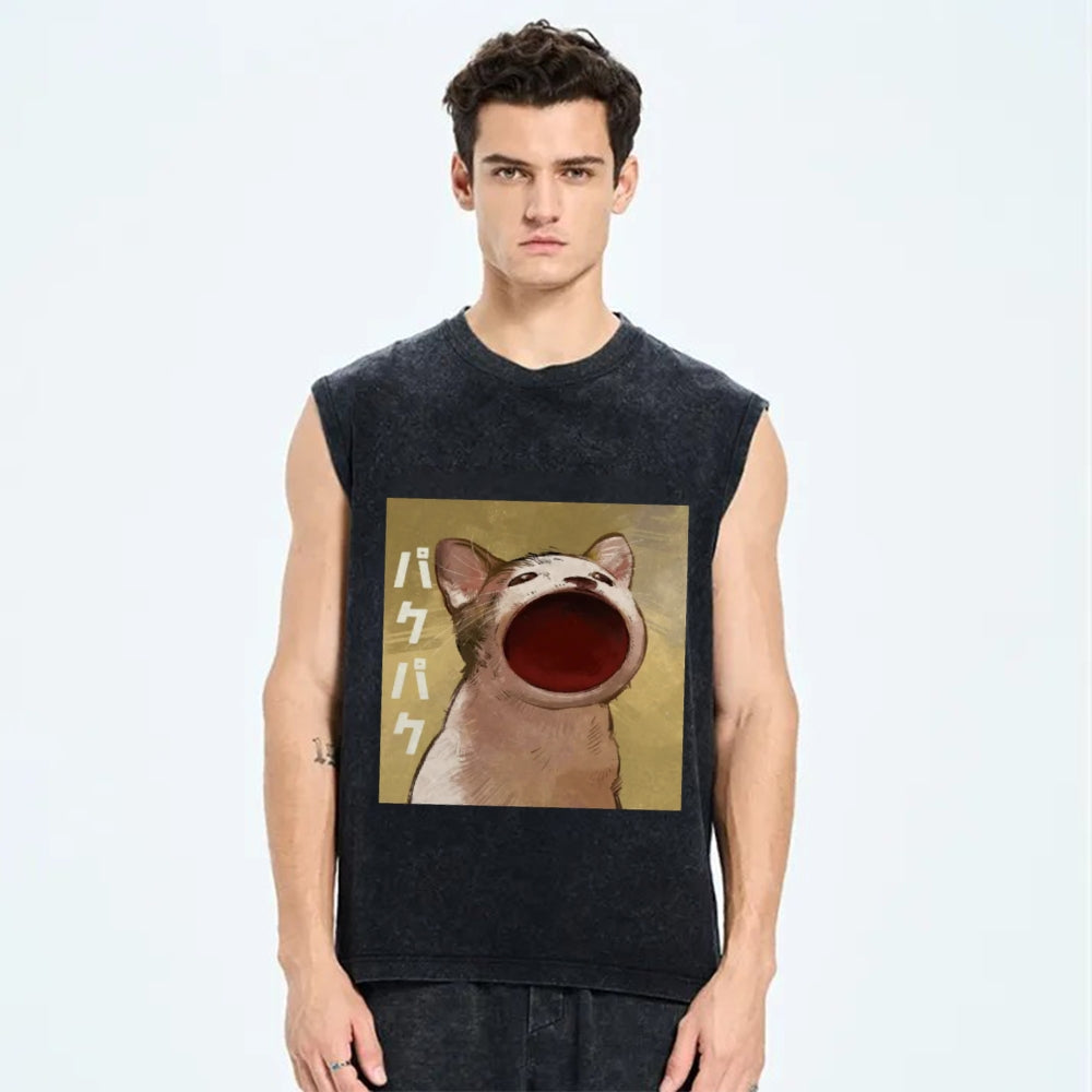 Pop Cat Vintage Distressed Washed Tank Top