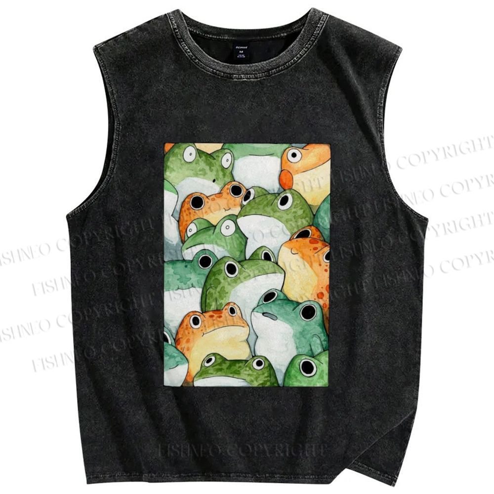 Unisex Cartoon Frog Printed Washed Tank Top