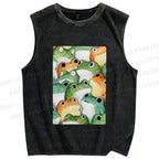 Unisex Cartoon Frog Printed Washed Tank Top