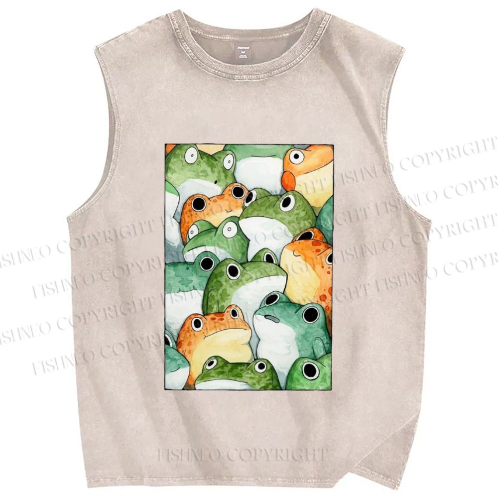 Unisex Cartoon Frog Printed Washed Tank Top