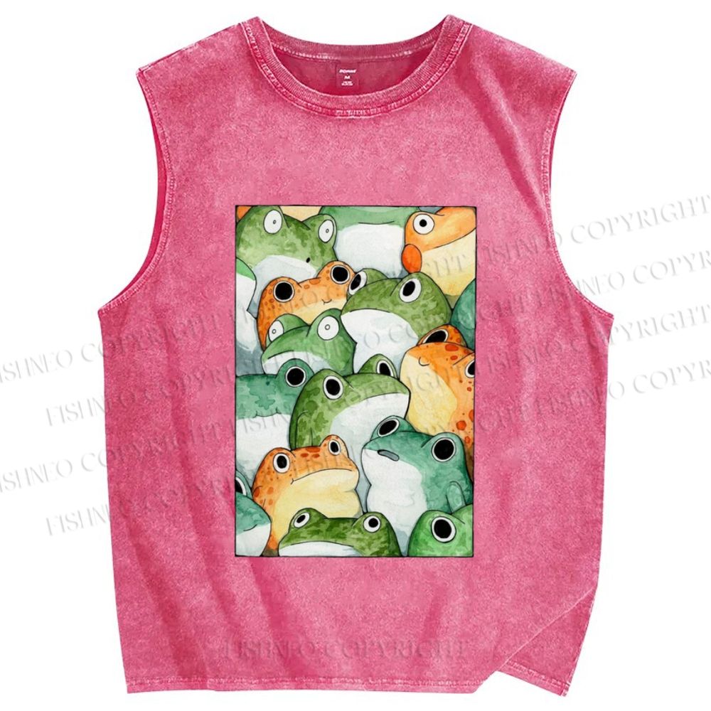 Unisex Cartoon Frog Printed Washed Tank Top