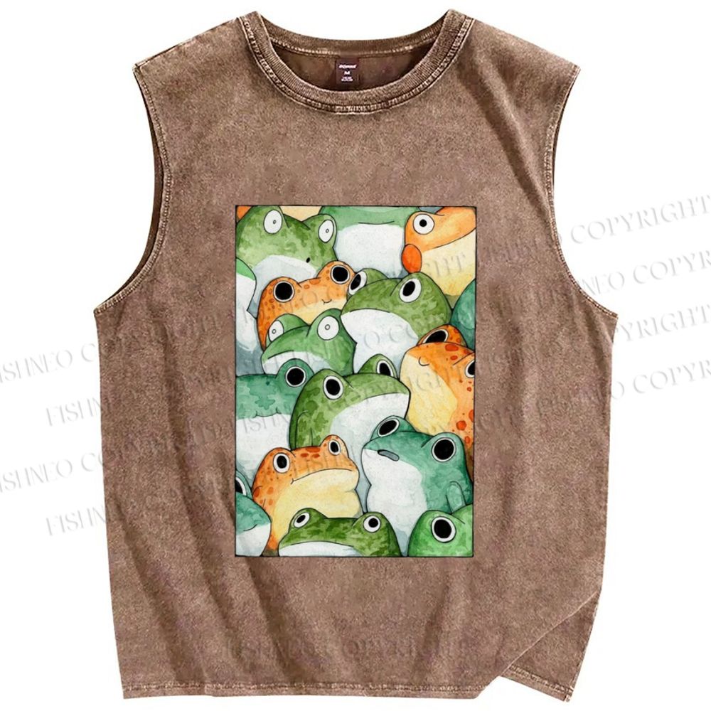 Unisex Cartoon Frog Printed Washed Tank Top