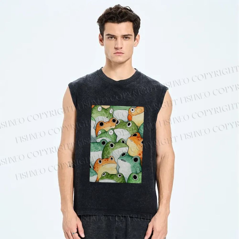 Unisex Cartoon Frog Printed Washed Tank Top