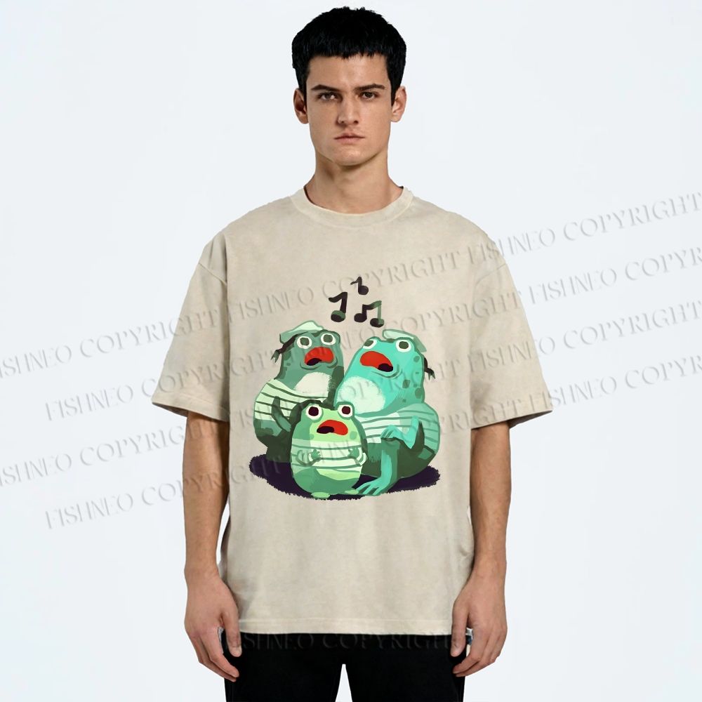 Unisex Musical Frog Printed Washed Tee