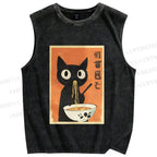 Unisex Ramen Cat Printed Washed Tank Top