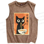 Unisex Ramen Cat Printed Washed Tank Top