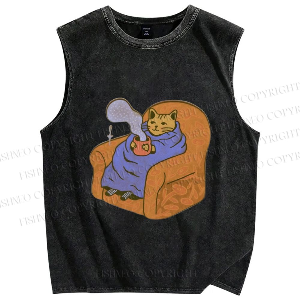 Unisex Cat in Sofa Got a Hot Tea Printed Washed Tank Top