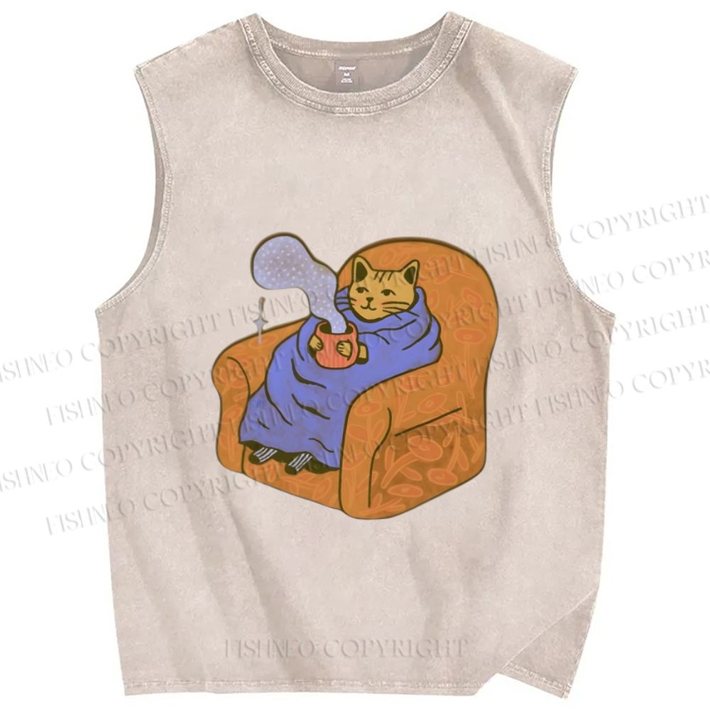 Unisex Cat in Sofa Got a Hot Tea Printed Washed Tank Top
