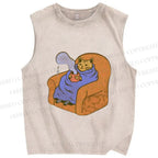 Unisex Cat in Sofa Got a Hot Tea Printed Washed Tank Top
