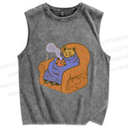 Unisex Cat in Sofa Got a Hot Tea Printed Washed Tank Top