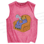 Unisex Cat in Sofa Got a Hot Tea Printed Washed Tank Top