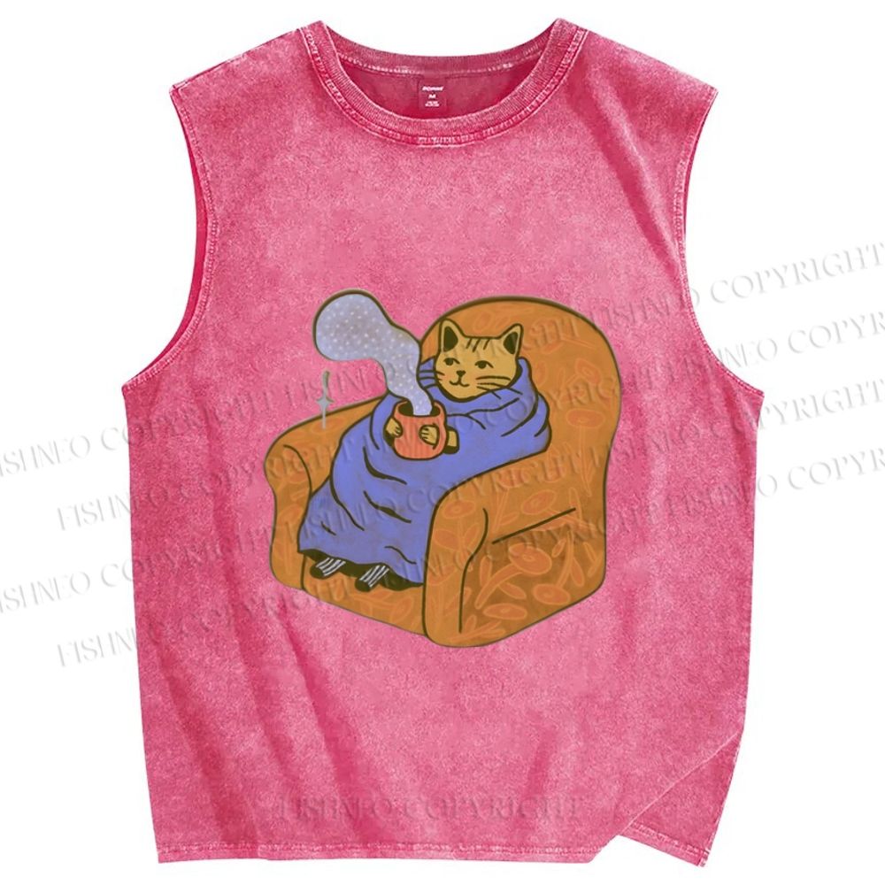 Unisex Cat in Sofa Got a Hot Tea Printed Washed Tank Top
