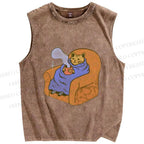 Unisex Cat in Sofa Got a Hot Tea Printed Washed Tank Top